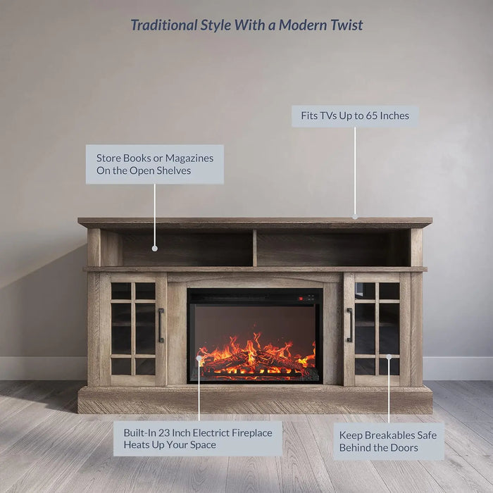 BELLEZE Traditional 58 Inch Rustic TV Stand with 23 Inch Electric Fireplace & Media Entertainment Center Console Table for