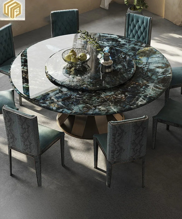Designer light luxury natural luxury stone round table and chair combination high-end villa restaurant marble table with turntab