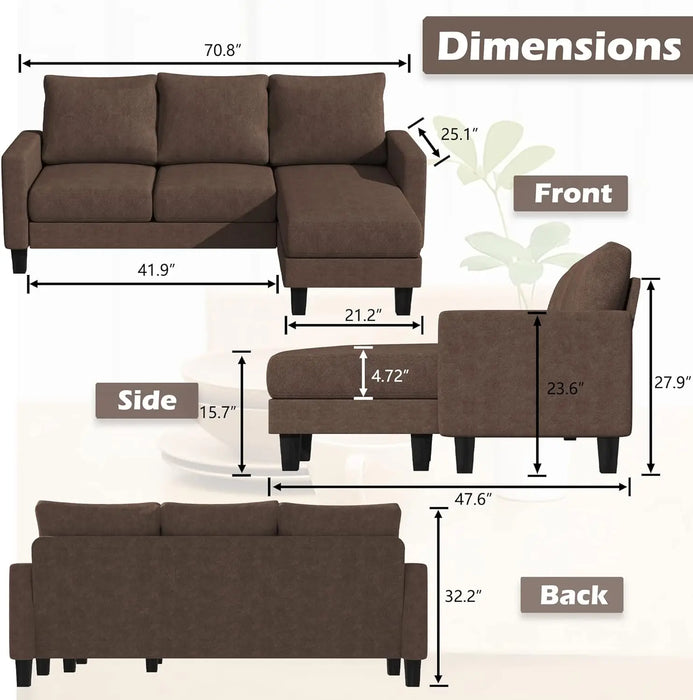 YESHOMY Convertible Sectional 3 L-Shaped Couch Soft Seat with Modern Linen Fabric, Small Space Sofas for Living Room Brown