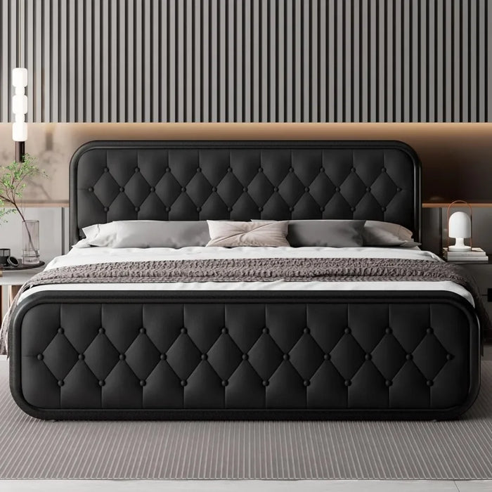 Bed frame Heavy-duty bed frame with faux leather headboard Bedroom furniture 12" under-bed storage Black platform bed