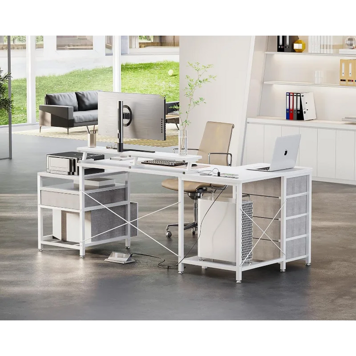 KKL L Shaped Computer Desk with File Drawers & 3 Power Outlets & 2 USB Ports, 72 Inch Home Office Desk with Printer Cabinet & Mo