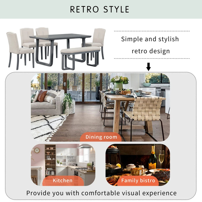 6-Piece Retro Dining Set with Dining Table, 4 Upholstered Chairs,Bench with Cushions for Dining Room,Gray/Beige