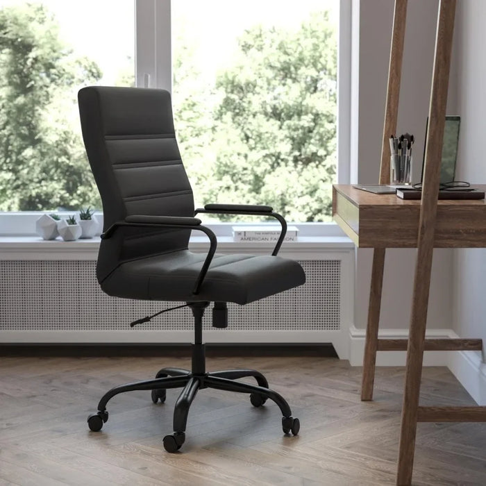 Back Desk Chair - Black LeatherSoft Executive Swivel Office Chair With Black Frame - Swivel Arm Chair Computer Cover Furniture