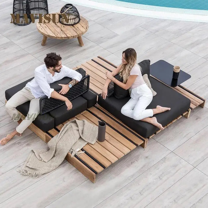 2022 Outdoor Sofa Courtyard Rattan Villa Solid Wood Furniture Hotel Model Room Terrace Leisure Garden Rain And Sun Protection
