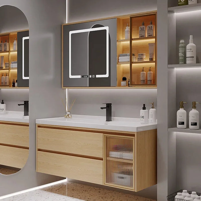 Log Colored Bathroom Cabinets Smart Mirror Cabinet Integrated Ceramic Washbasin Bathroom Cabinet Vanity Sink Bathroom Furniture