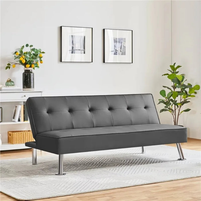 SmileMart Convertible Tufted Faux Leather Futon Sofa Bed with Chrome Metal Legs, Gray