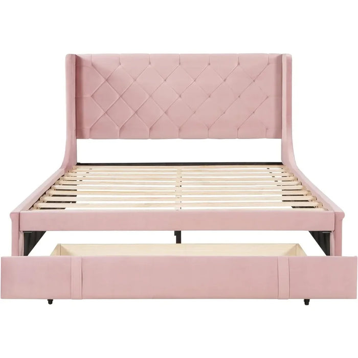 Large Upholstered Platform Bed Frame with Storage Drawers, Velvet Bed Frame, Sturdy Wooden Slatted Support, Pink