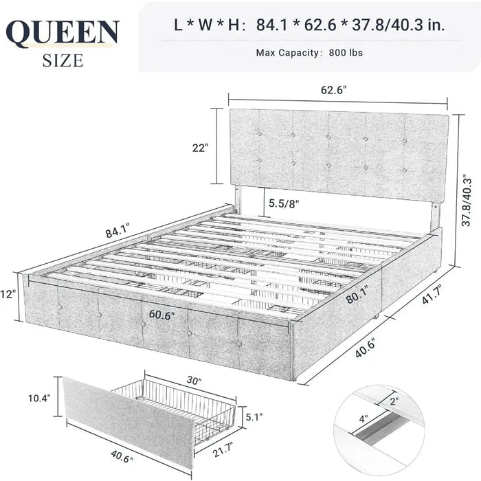 Upholstered Queen Size Platform Bed Frame with 4 Storage Drawers and Headboard Mattress Foundation, Light Grey