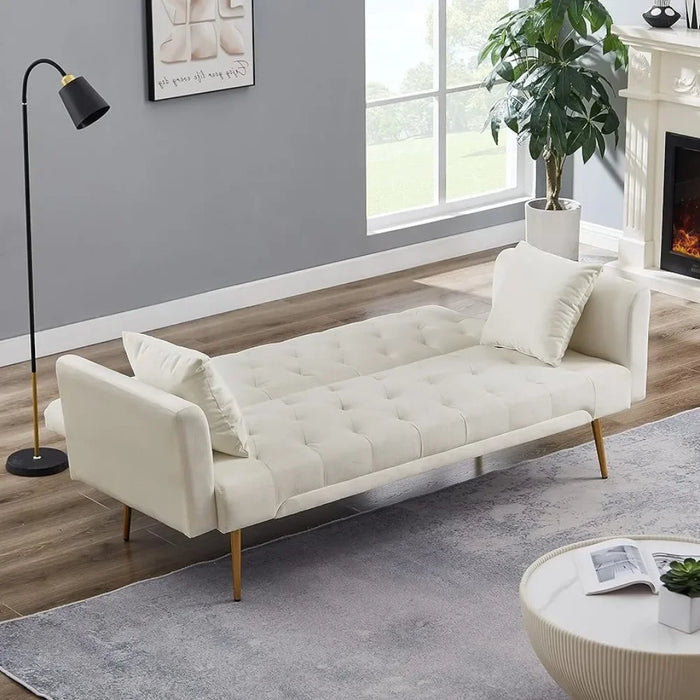 Velvet Upholstered Convertible Sofa Bed, Two-seater Sofa with Button Tufted with 2 Pillows