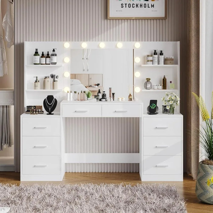 Makeup Vanity Table with Mirror & Lights, Vanity Desk with Power Strip, Large Drawer, 3 Lighting Modes Adjustable Brightness