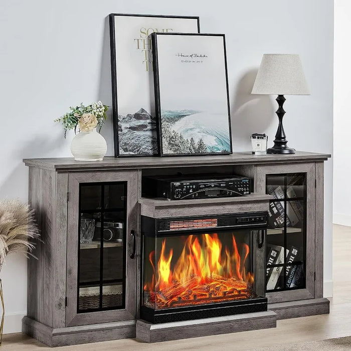 Fireplace TV Stand 59" Media Entertainment Center with Farmhouse Glass Door Storage Cabinet, TV Console Table for TVs up to 65"