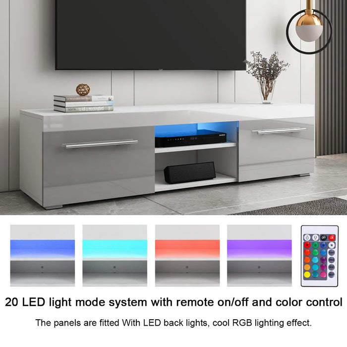 51'' High Gloss Modern TV Unit Bracket with LED Light TV Stands Living Room Furniture TV Cabinet with 2 Drawers Home Furnishings
