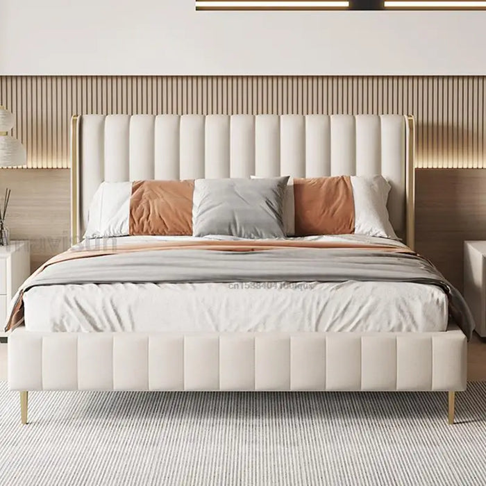 Luxury Bedroom Furniture With Two Beside Tables Stainless Steel Wooden Graceful Shapes Stable Skeleton Leather Double Bed Set