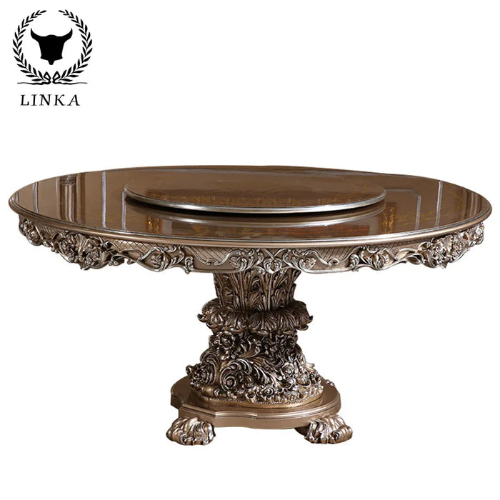 Custom European solid wood dining table and chair combination French round luxury carved retro restaurant furniture