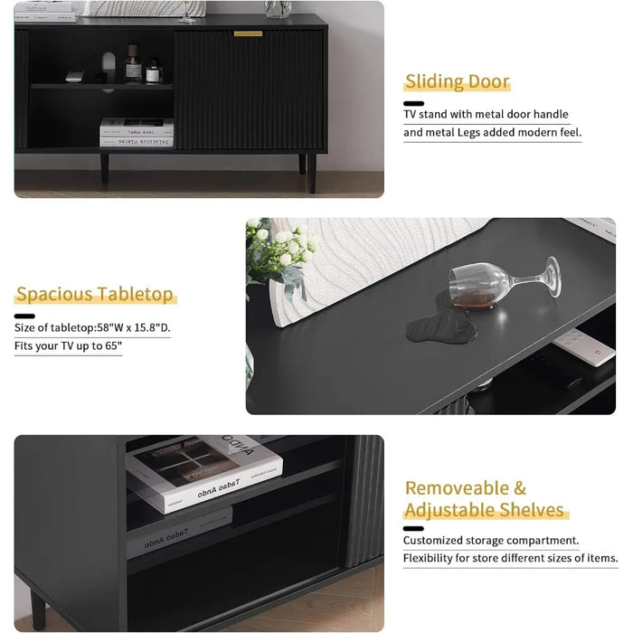 TV Stand Modern Living Room with Storage Cabinets, Wood TV Cabinets with Sliding Doors &Ajustable Shelves, TV Console