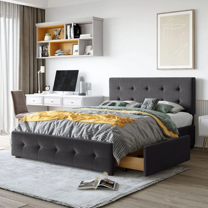 Upholstered Platform Bed with Classic Headboard and 4 Drawers, No Box Spring Needed, Linen Fabric, Queen Size - 3 Colors