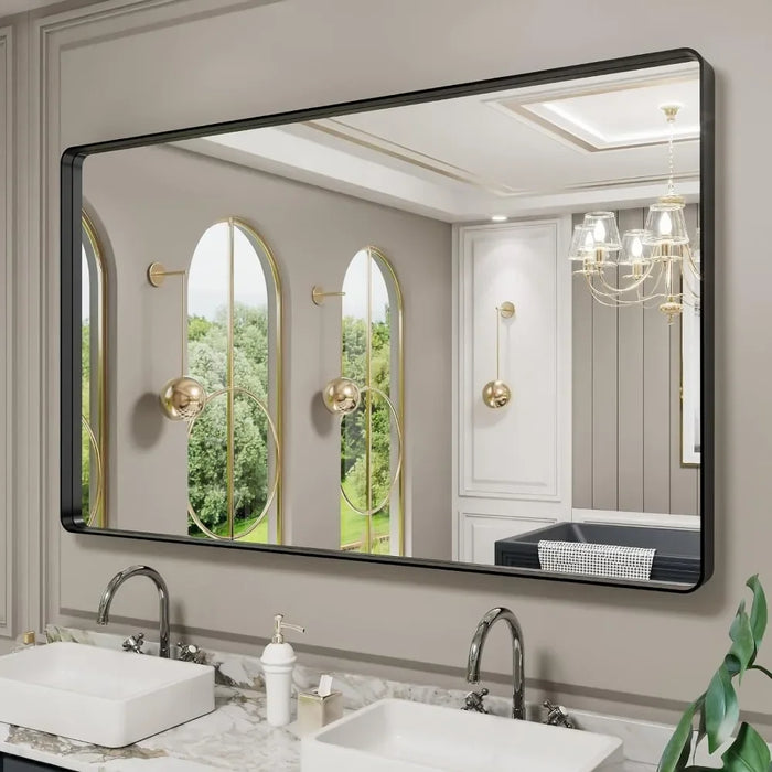 Metal Framed Bathroom Mirror for Wall, 60X36 Inch Rounded Rectangle Mirror, Tempered Glass, Hangs Horizontally or Vertically