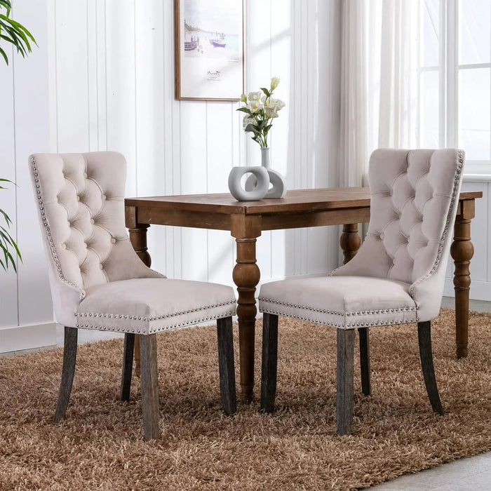 Tufted Dining Chairs Set of 6, Velvet Upholstered Dining Chairs with Nailhead Back and Ring Pull Trim, Solid Wood Dining