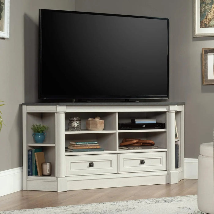 Traditional Triangular Palladia Wood Corner Entertainment Credenza, Two Adjustable Shelves, Glacier Oak Finish
