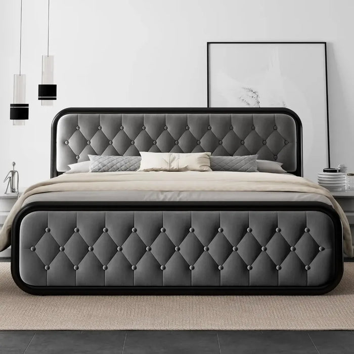 Noise-Free King Size Bed Frame Heavy Duty Bed Frame With Faux Leather Headboard Bedroom Furniture 12" Under-Bed Storage Black