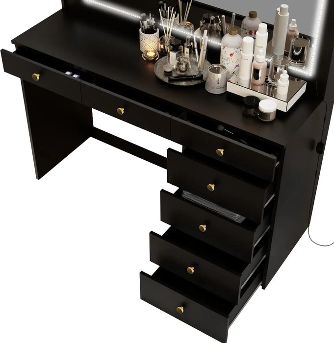 Modern Black Vanity Desk with Mirror and LED Lights, 7 Drawers, Golden Knobs, Sleek and Elegant Black Makeup Desk for Bedroom