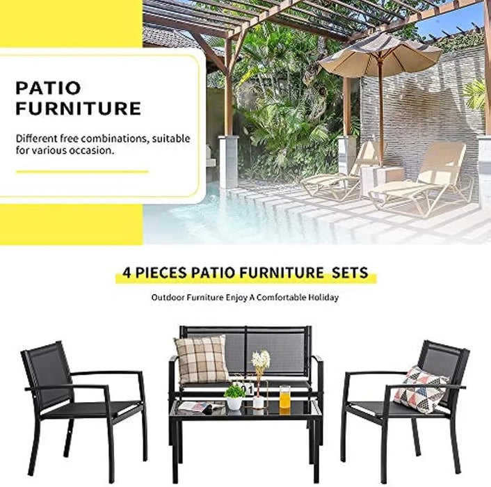 Shintenchi 4 Pieces Patio Furniture Set All Weather Textile Fabric Outdoor Conversation Set, with Glass Coffee Table, Loveseat