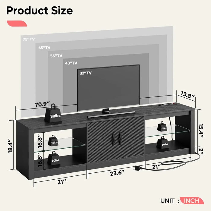 Adjustable Glass Shelves Two Cabinets for 75inch Led TV Stand Modes Modern LED Corner Console Living Room Black Display Cabinet