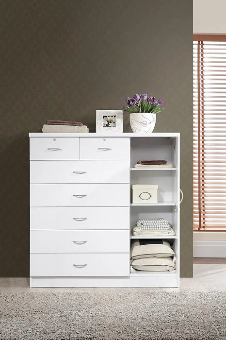 Hodedah 7 Drawer Jumbo Chest, Five Large Drawers, Two Smaller Drawers with Two Lock, Hanging Rod