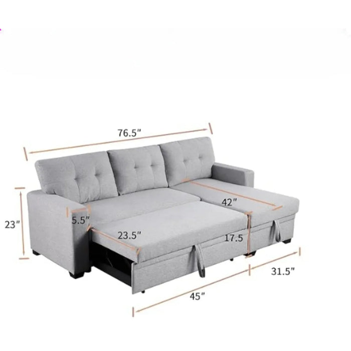 Living room sofa, convertible sectional sofa bed, foldable chaise longue with storage, home furniture, light grey