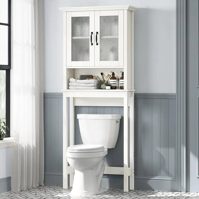 Baztin Over The Toilet Storage Cabinet, Over Toilet Bathroom Organizer with Glass Doors and Adjustable Shelf