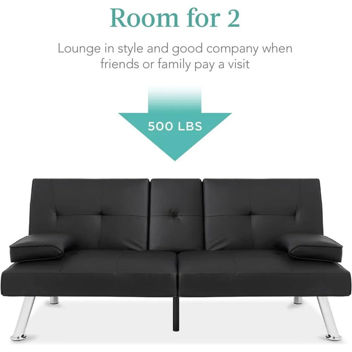 Faux Leather Upholstered Modern Convertible Futon, Adjustable Folding Sofa Bed, Guest Bed w/Removable Armrests