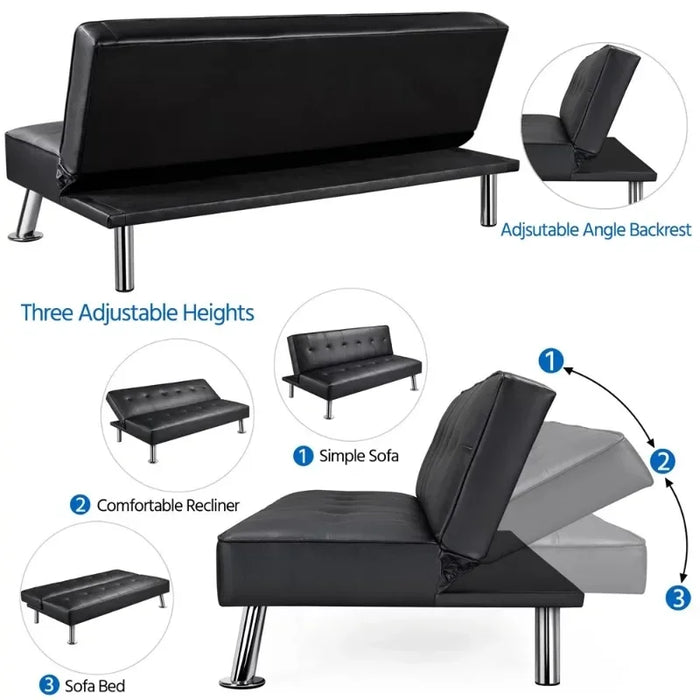 Easyfashion Convertible Faux Leather Futon Sofa Bed, Black Sofa Set Living Room Furniture  Sofas  Recliner Sofa