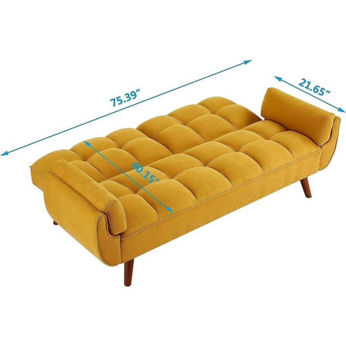 Modern convertible tufted linen upholstered futon sofa bed with 2 pillows, padded loveseat