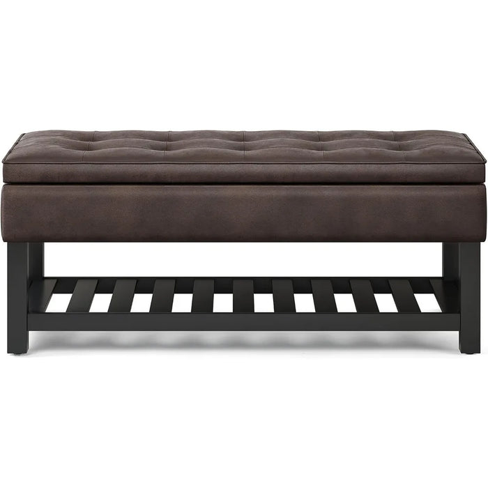 Entryway Footstool, Open Bottom in Distressed Brown Faux Leather, 44 Inch Wide Rectangle Storage Ottoman Bench
