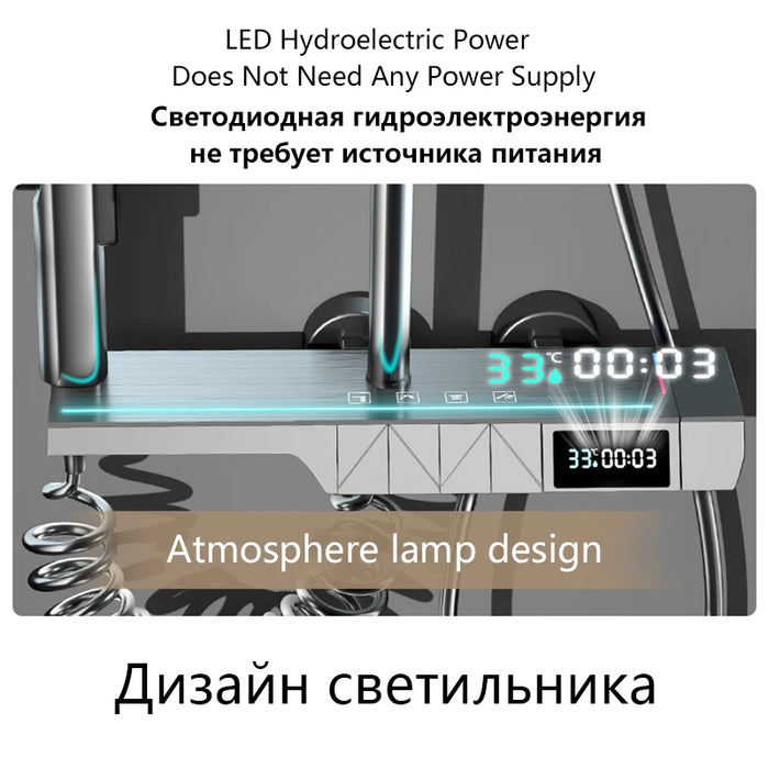 Luxury Tempered Glass Bathroom Shower System Full Set LED Digital Temperature Bathtub Atmosphere Lamp Rainfall Faucet Shower Set