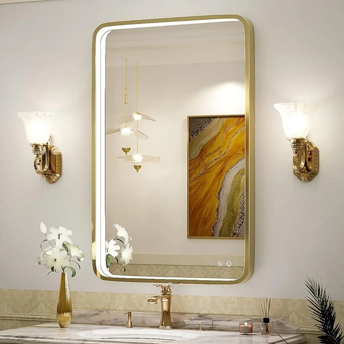 Bathroom Mirror, With Light, Wall Mounted Lighting Mirror, With Metal Frame Anti Fog Memory Function, Bathroom Mirror