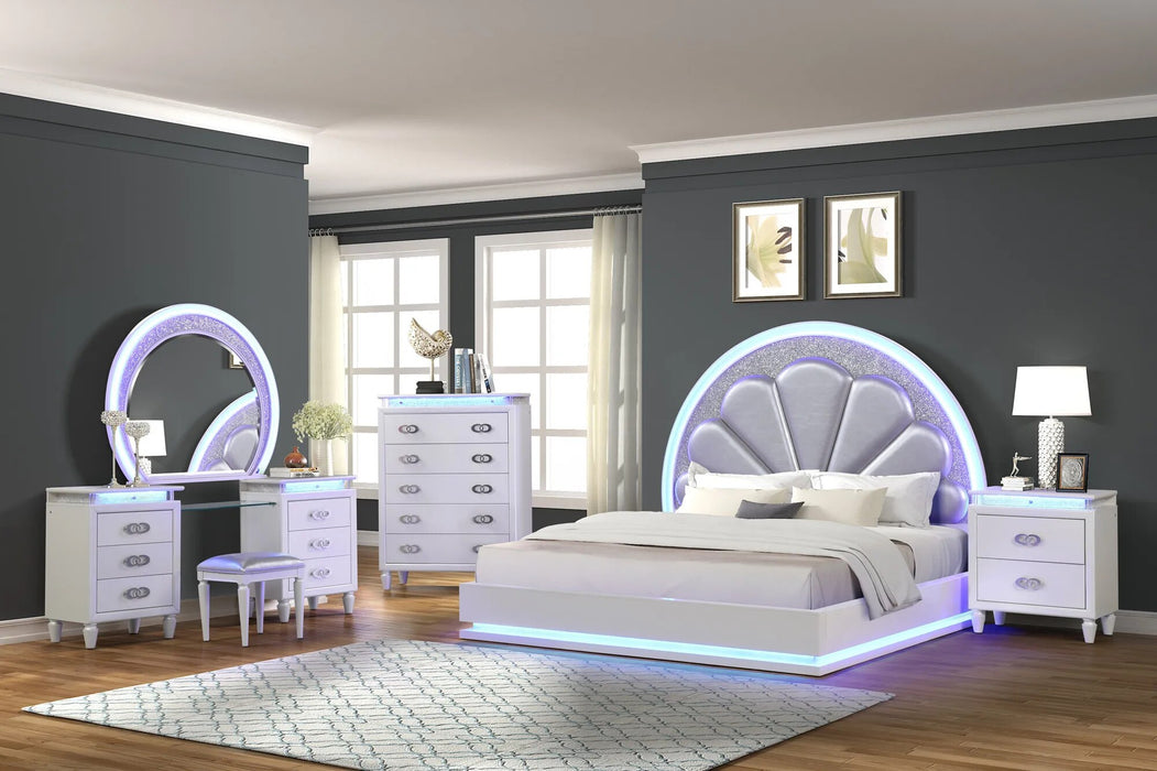 Perla King 5-N Pc Vanity LED Bedroom Set Made with Wood in Milky White