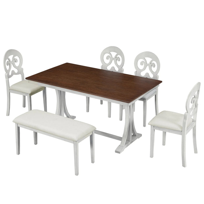 Mid-Century 6-Piece Trestle Table Set with Victorian Round Upholstered Dining Chairs and Long Bench