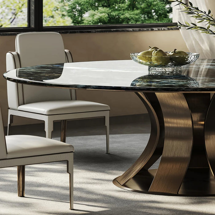 Designer light luxury natural luxury stone round table and chair combination high-end villa restaurant marble table with turntab