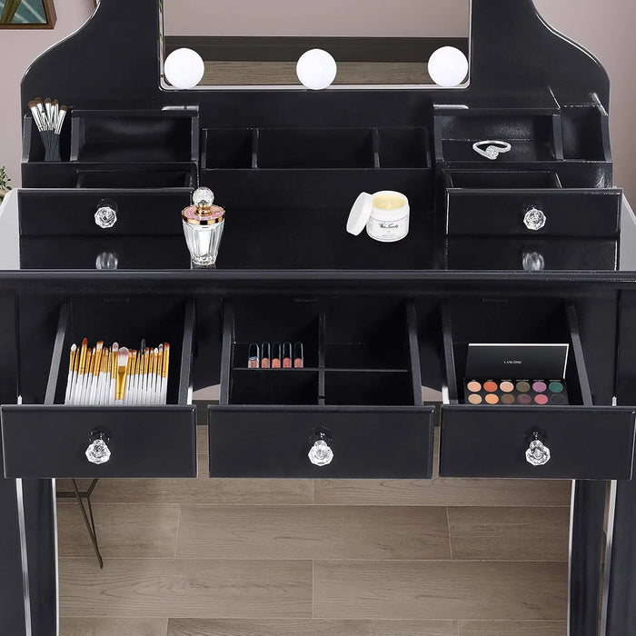 ENSTVER Vanity Set with Dimmer LED Light Bulbs,Makeup Table with Frameless Mirror and Cushioned Stool,5 Drawers,So