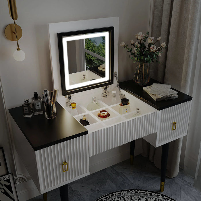 Modern Vanity Table Set with Flip-top Mirror and LED Light, Dressing Table