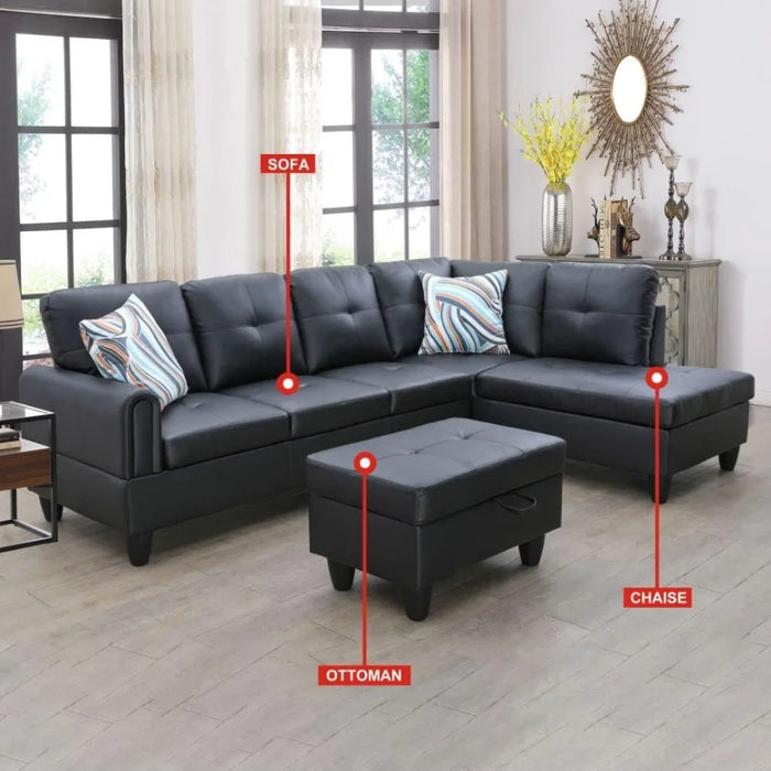 L-Shaped Faux Leather Sectional Sofa, With footstool and 2 living room throw pillows, Modular Sofa with Button Nailhead Decor