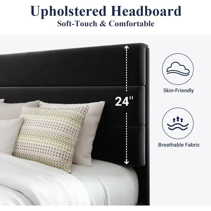 Bed FrameQueen-size Platform Bed Frame With Velvet Upholstered Headboard And Wooden Slatted Support, Fully Upholstered