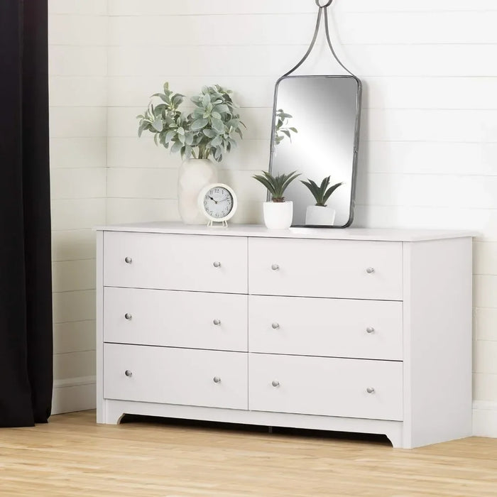 Vito 6-Drawer Double Dresser Pure White Vanity Desk Dressers for Bedroom Furniture Toilet Furniture Makeup Toiletries Fabric