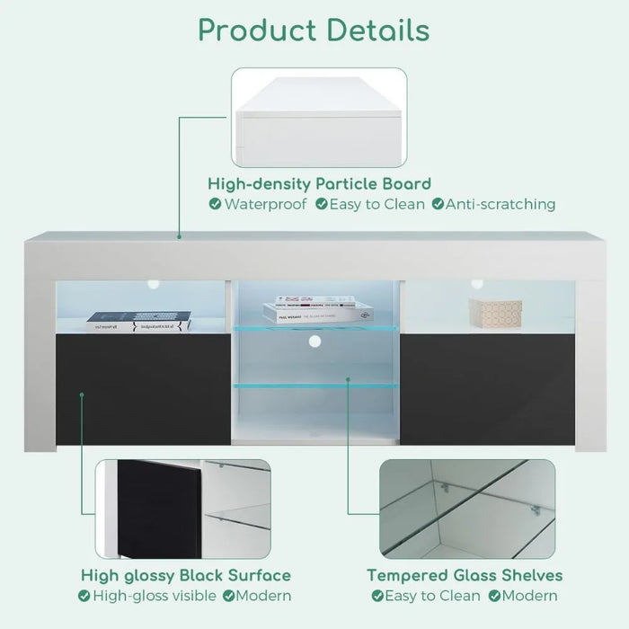 TV cabinet 65 inch TV, modern LED high gloss with glass shelf, TV console with LED lights for living room, white
