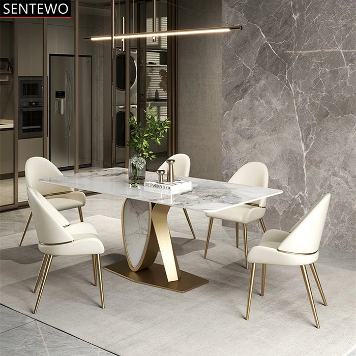 Luxury Rock Slab Kitchen Dining Table 8 Dinner Chairs Metal Titanium Gold Base Faux Marble Table Chair Set Meuble De Cuisine
