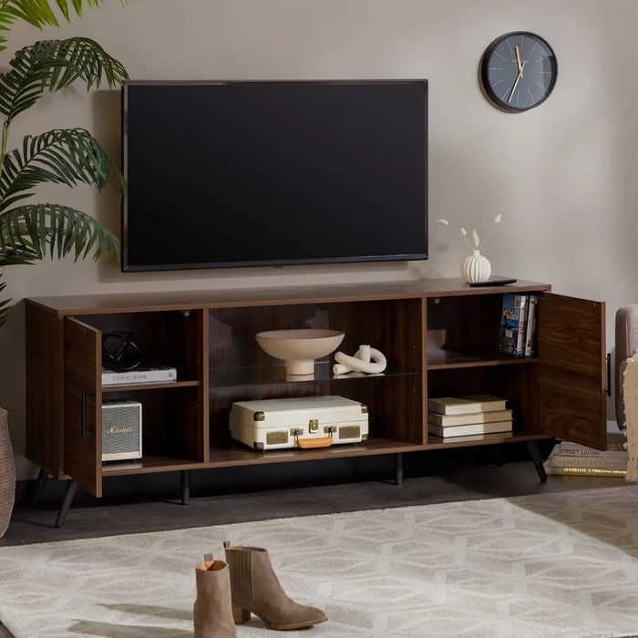 Tv living room cabinet cabinet,Modern Glass Shelf TV Stand for TVs up to 65 Inches, 60 Inch, Walnut
