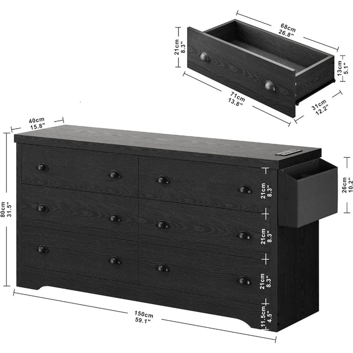 Dressing table with 6 drawers and charging station, suitable for bedroom storage box, with MDF board, black dressing table