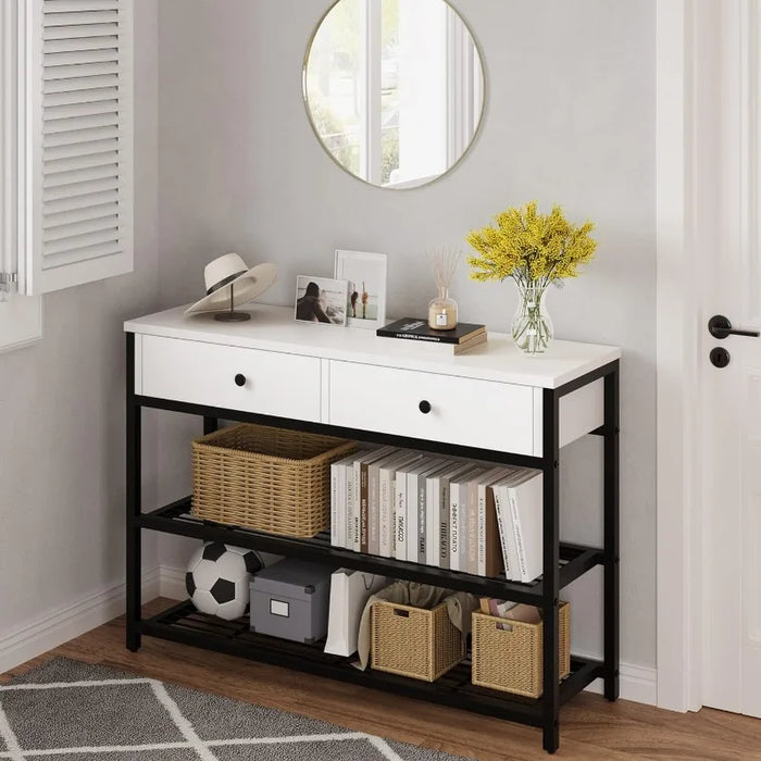 Senfot Console Table, Entryway Table with 2 Drawers and 2 Tiers Shelf Hallway Table, Entrance Table with Metal Frame, Sofa Table