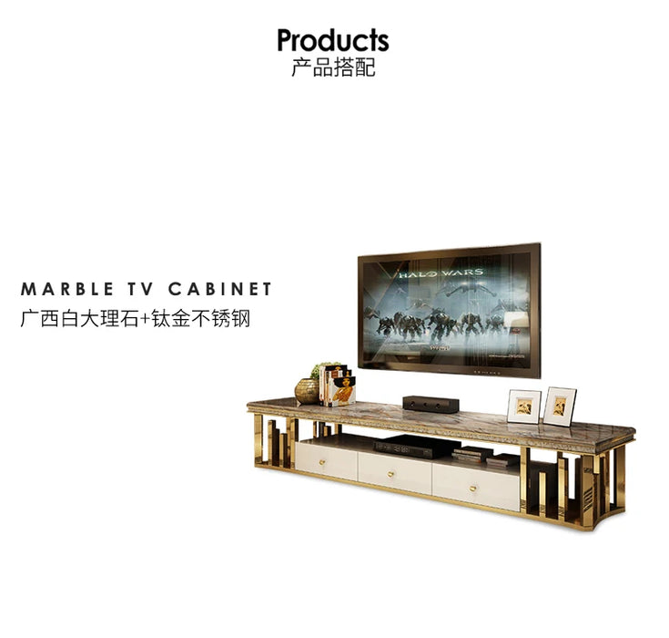 MANBAS Modern Living Room Furniture: Natural Marble Stainless Steel TV Stand Gold  TV Table for Home Decor Stylish TV Cabinet